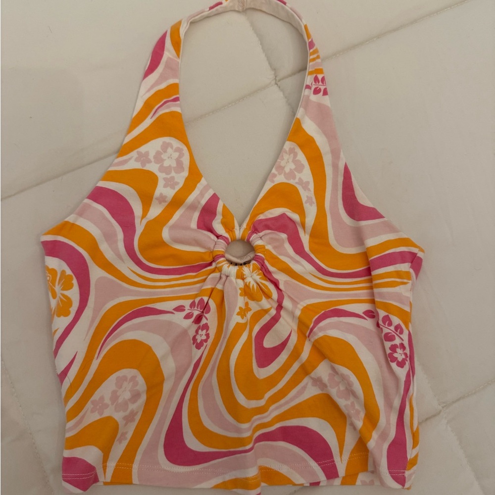 Hollister Orange and Pink Cut Out Halter Tank Top - Size Medium
